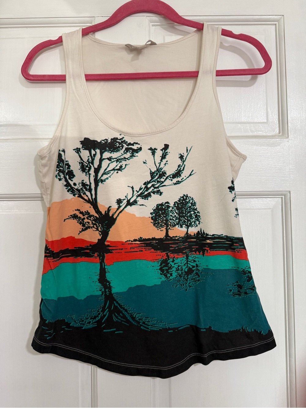 Banana Republic Cream Tank with Teal, Orange & Black Scenic Print